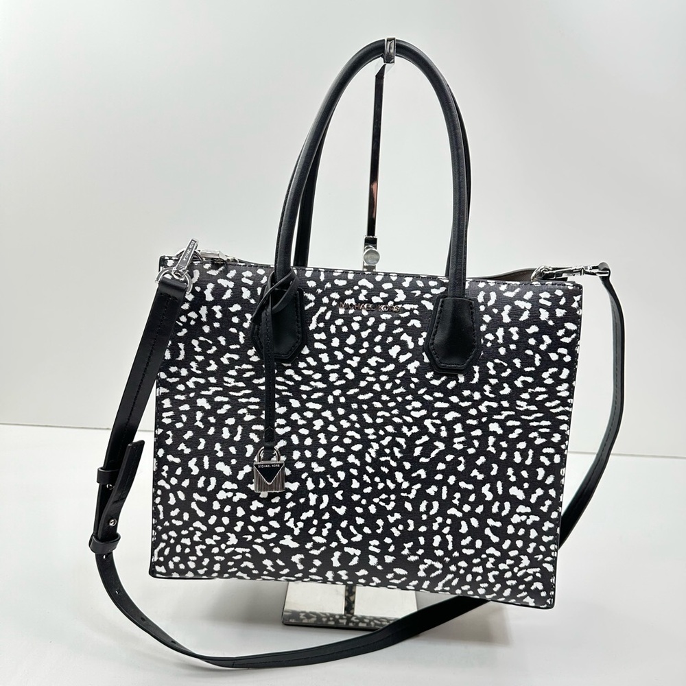 Michael Kors Mercer Large Convertible Tote Bag Black White Silver